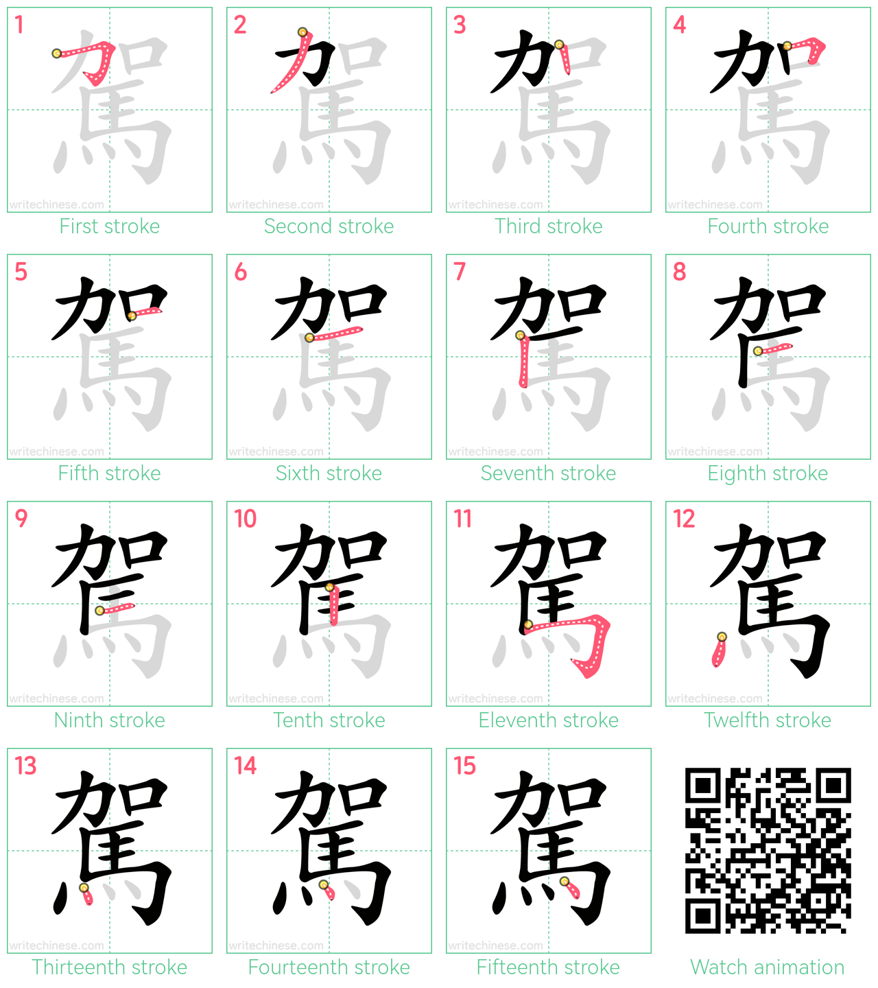 駕 step-by-step stroke order diagrams