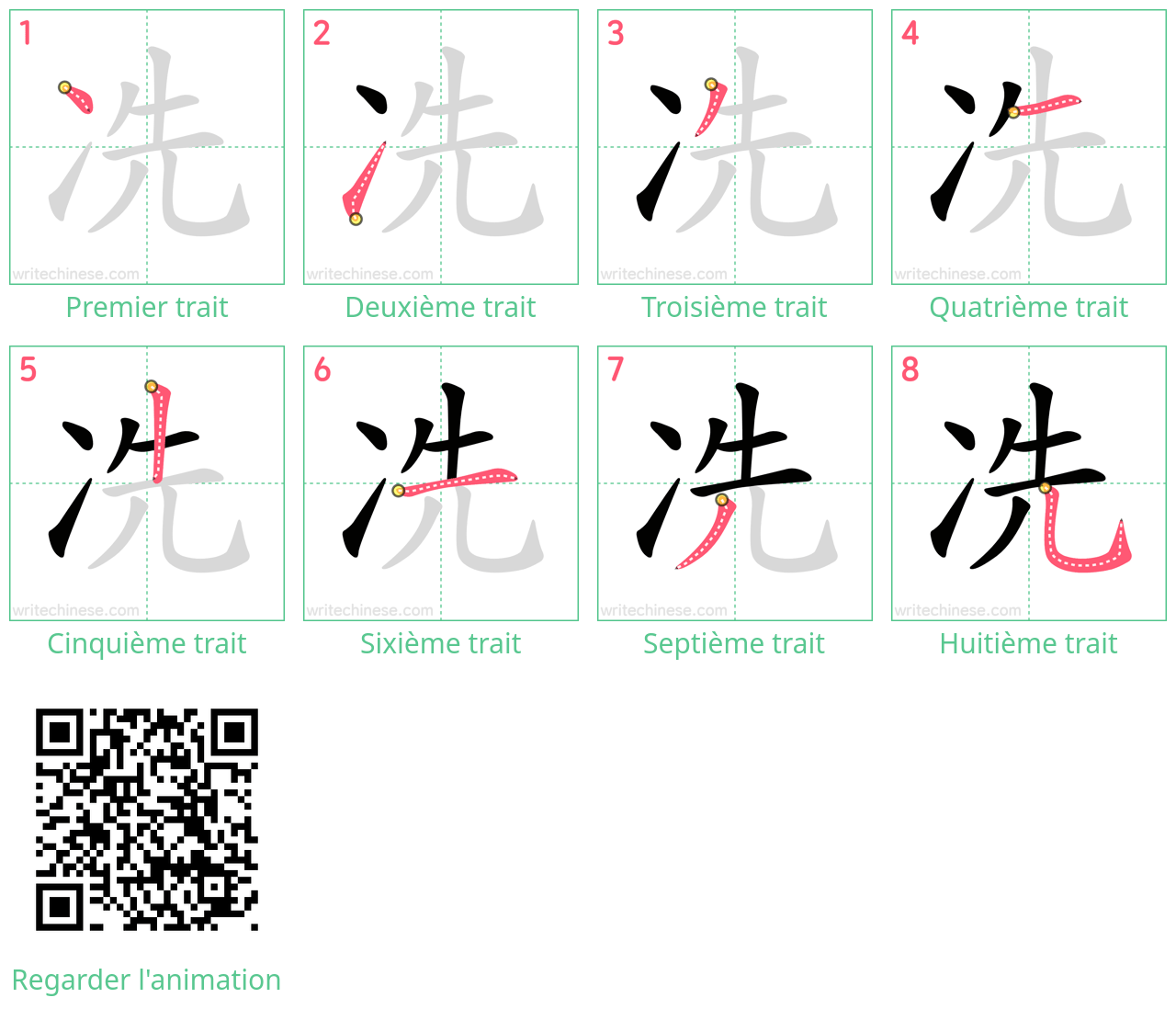 Diagrammes d'ordre des traits étape par étape pour le caractère 冼