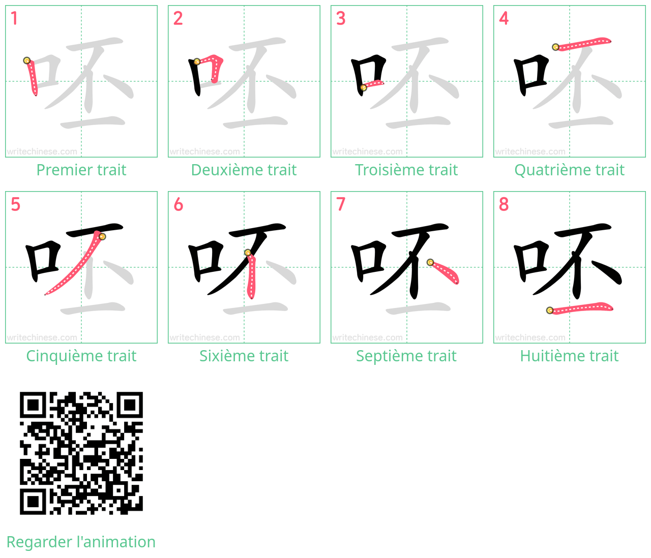 Diagrammes d'ordre des traits étape par étape pour le caractère 呸