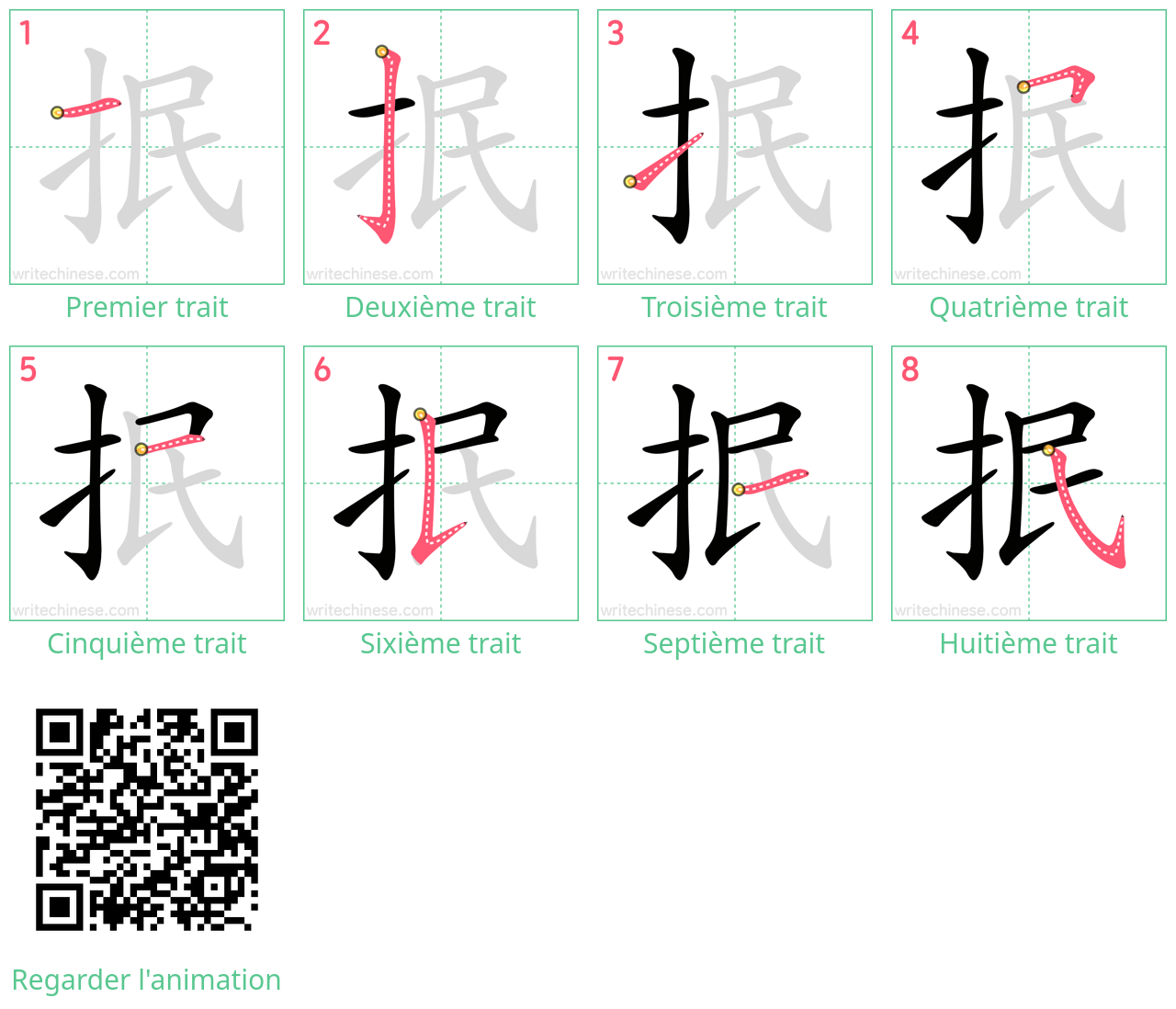 Diagrammes d'ordre des traits étape par étape pour le caractère 抿