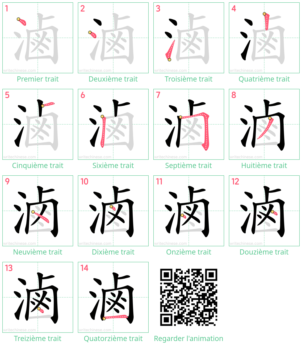 Diagrammes d'ordre des traits étape par étape pour le caractère 滷