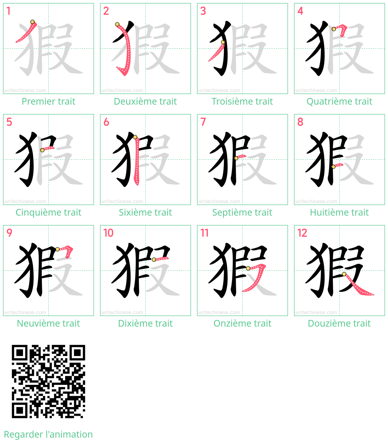 Diagrammes d'ordre des traits étape par étape pour le caractère 猳