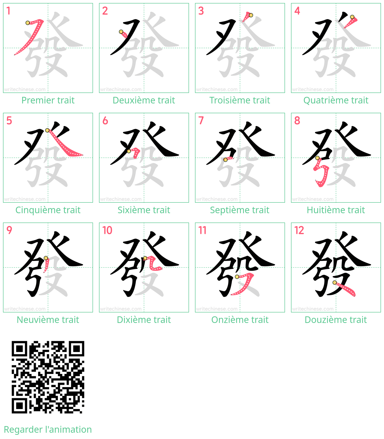 Diagrammes d'ordre des traits étape par étape pour le caractère 發