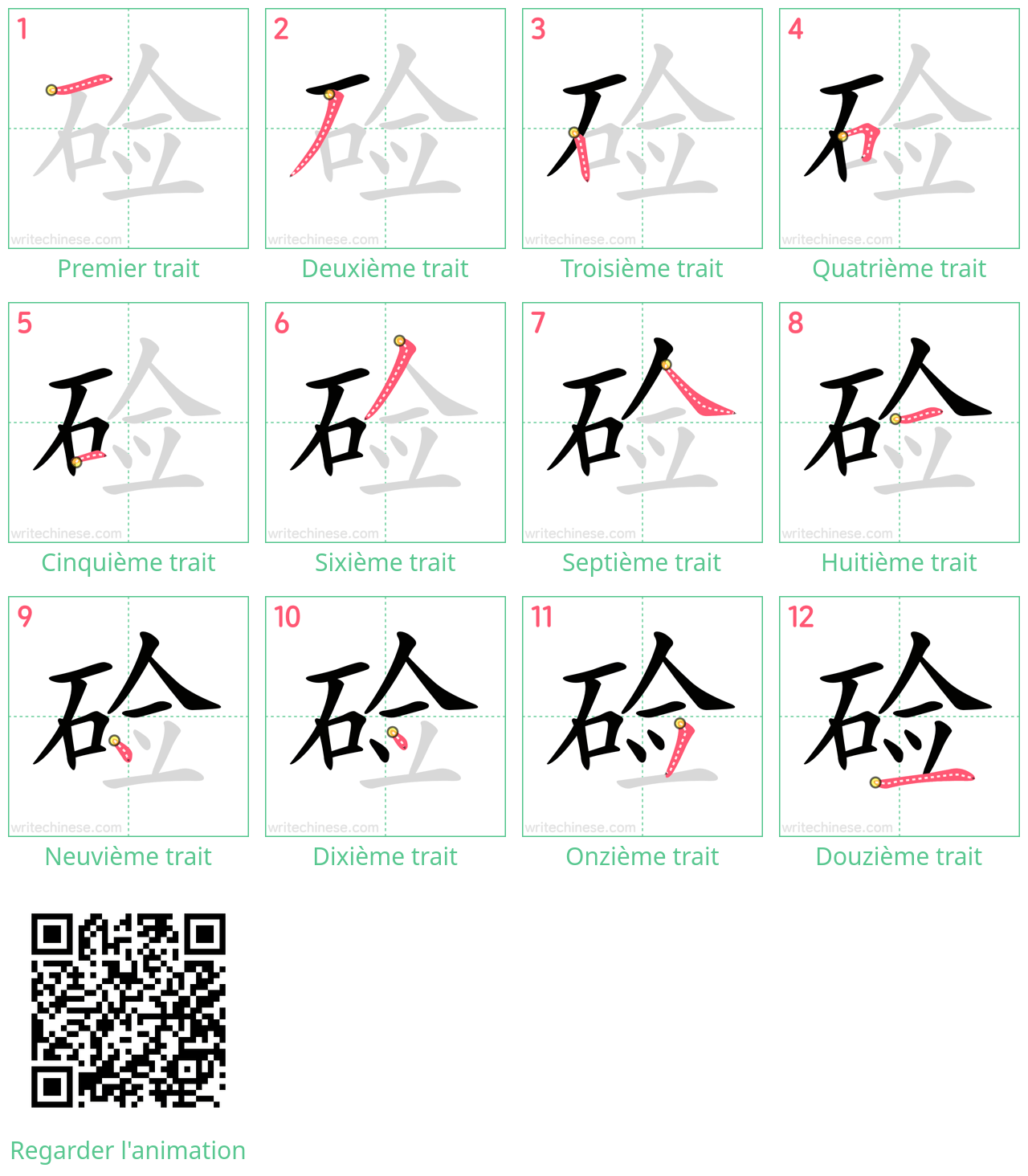 Diagrammes d'ordre des traits étape par étape pour le caractère 硷