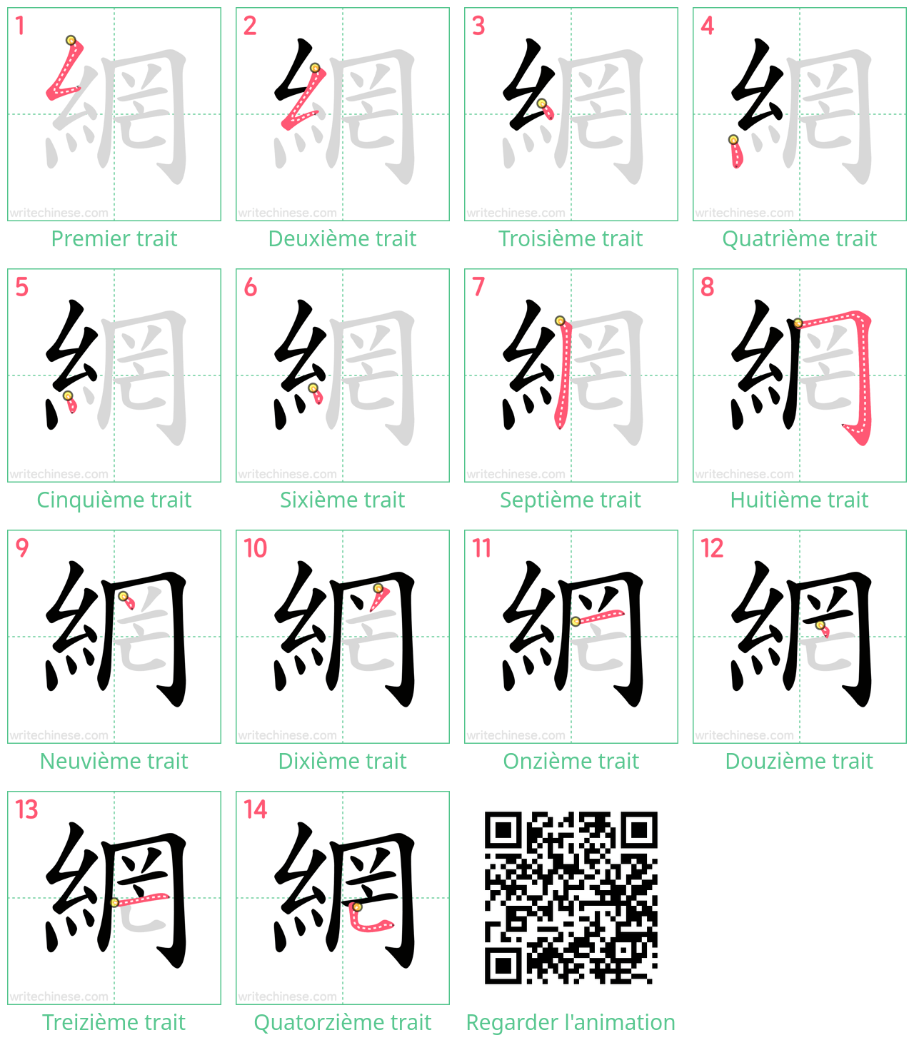 Diagrammes d'ordre des traits étape par étape pour le caractère 網