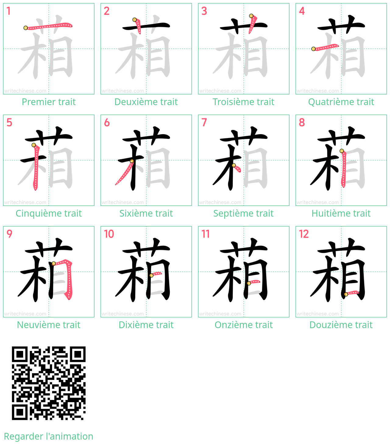 Diagrammes d'ordre des traits étape par étape pour le caractère 葙