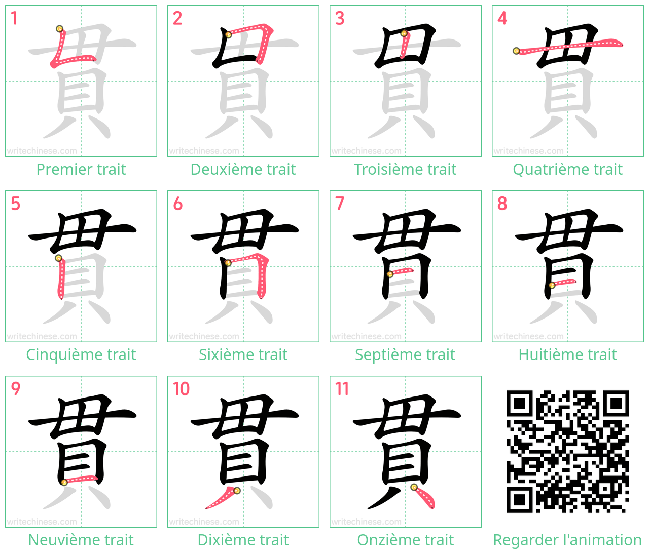 Diagrammes d'ordre des traits étape par étape pour le caractère 貫