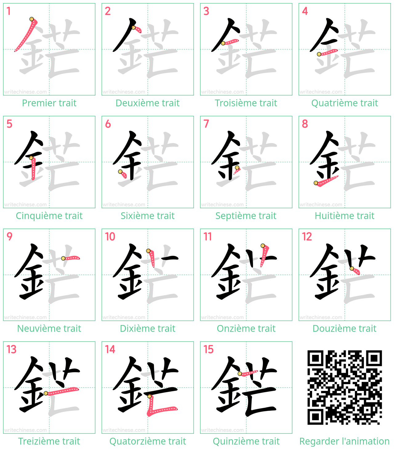 Diagrammes d'ordre des traits étape par étape pour le caractère 鋩
