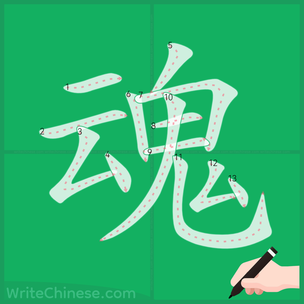 魂」の書き方 - 中国語の簡体字の正しい書き順(筆順)